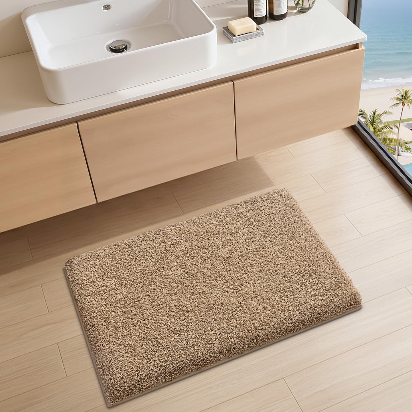 LUMI Beige Bathroom Rugs with Rubber Backing, 16x24 Absorbent Extra Thick Soft Plush Microfiber Bath Mat, Machine Washable Carpet for Bathroom Shower, Tub, Sink, Hotel
