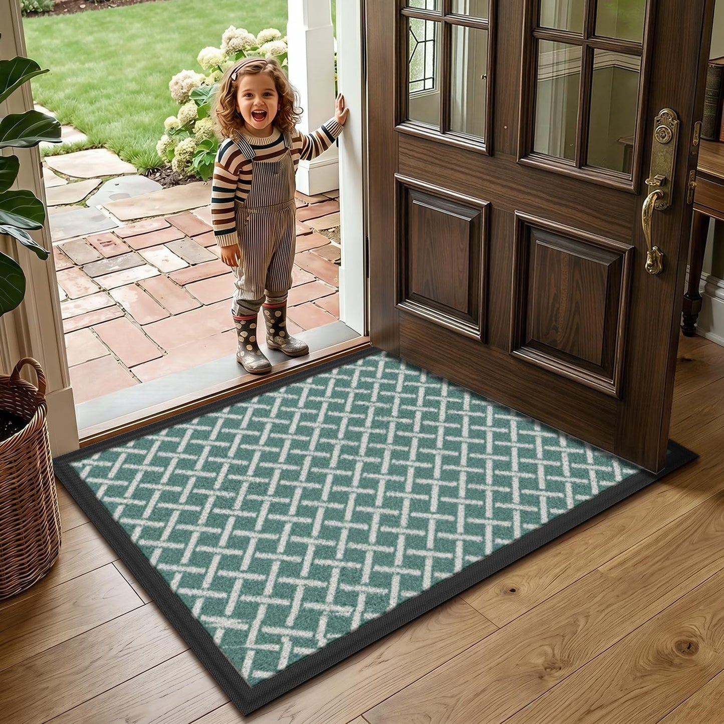 LUMI Front Door Mat 17x30, Low-Profile Non-Slip Welcome Mat for Indoor Outdoor, Stain & Fade Resistant Geometric Door Mat for Entryway Patio Porch, Geo-Navy