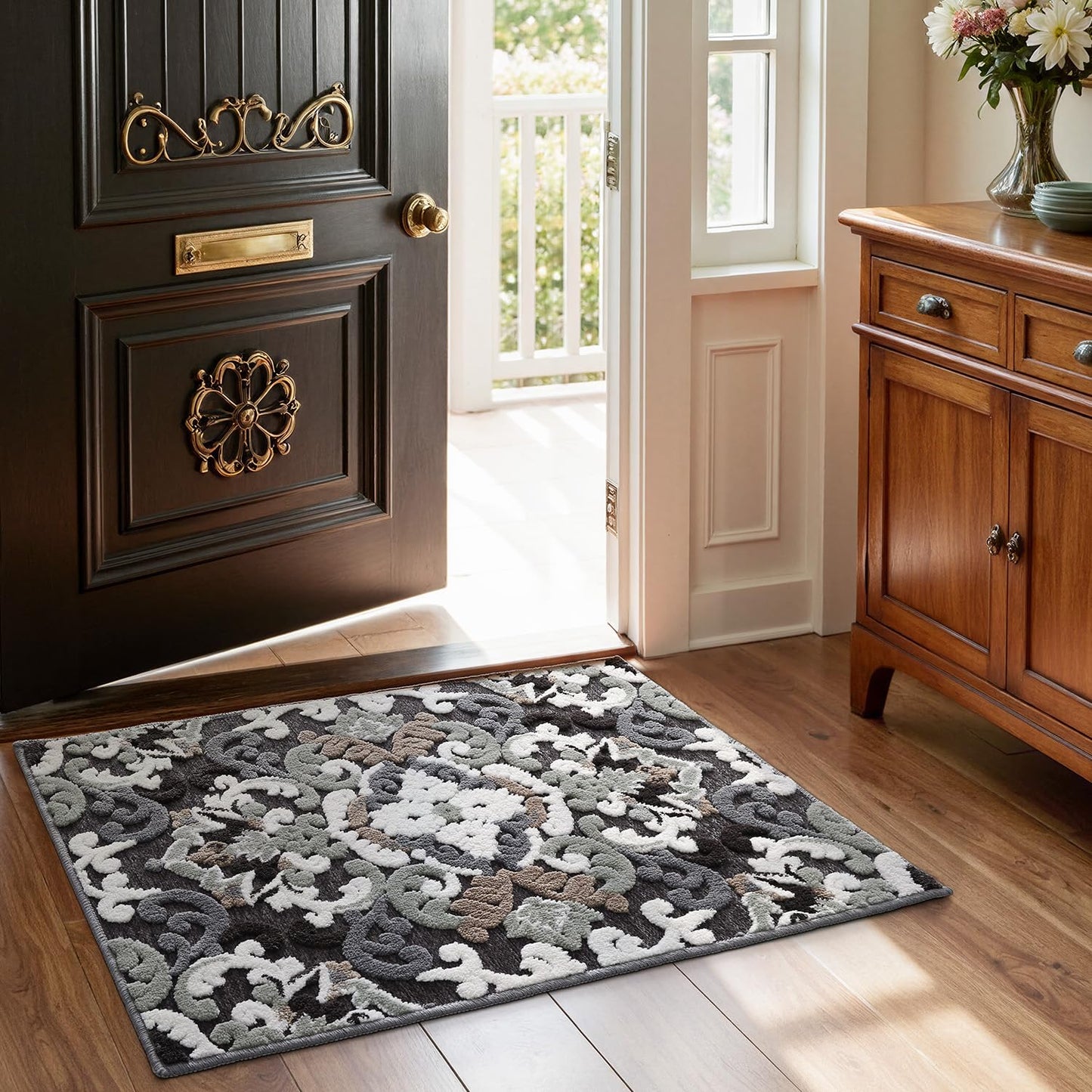 LUMI Indoor Door Mat for Entrance 17x30, Luxury Front Doormat with Non-Slip Latex Rubber Backing, Soft Washable Dirt Trapper, Flower Bliss (Folded Package)