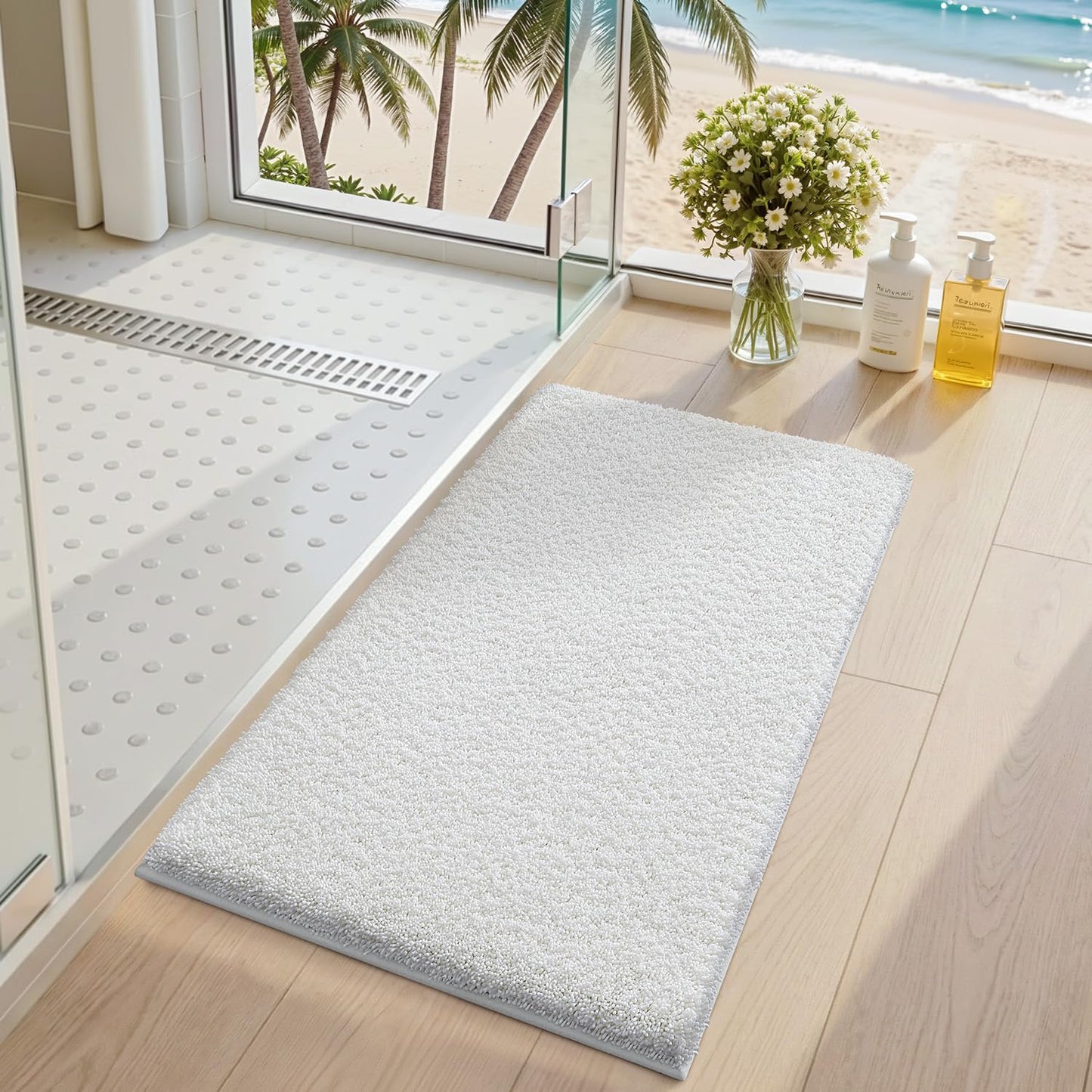 LUMI Beige Bathroom Rugs with Rubber Backing, 16x24 Absorbent Extra Thick Soft Plush Microfiber Bath Mat, Machine Washable Carpet for Bathroom Shower, Tub, Sink, Hotel