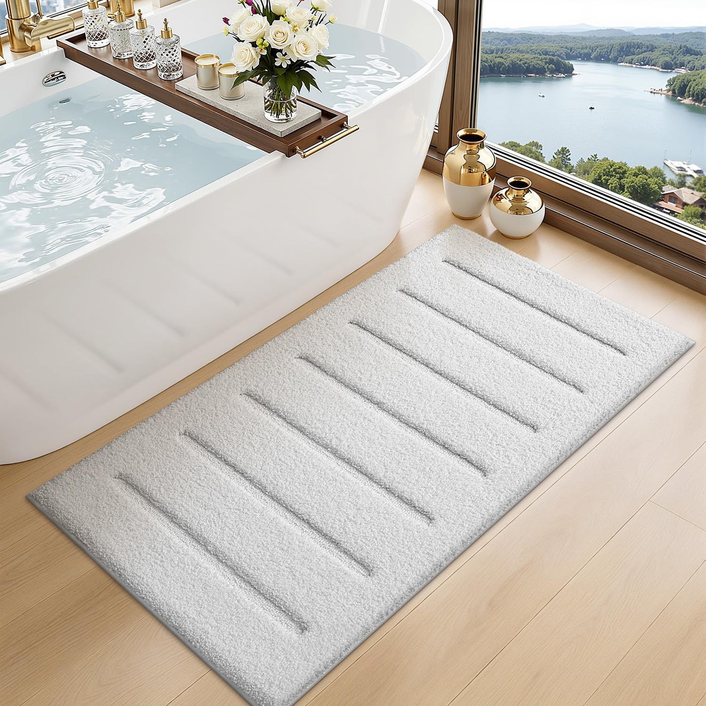 LUMI Non-Slip Skin-Friendly Bathroom Rugs, Hotel Quality Bath Mats for Bathroom, Washable Fluffy Shower Mat, Minimalist Luxury Striped Style,Ideal for Floor, Shower Tub, Entryway, 17"x30", Beige