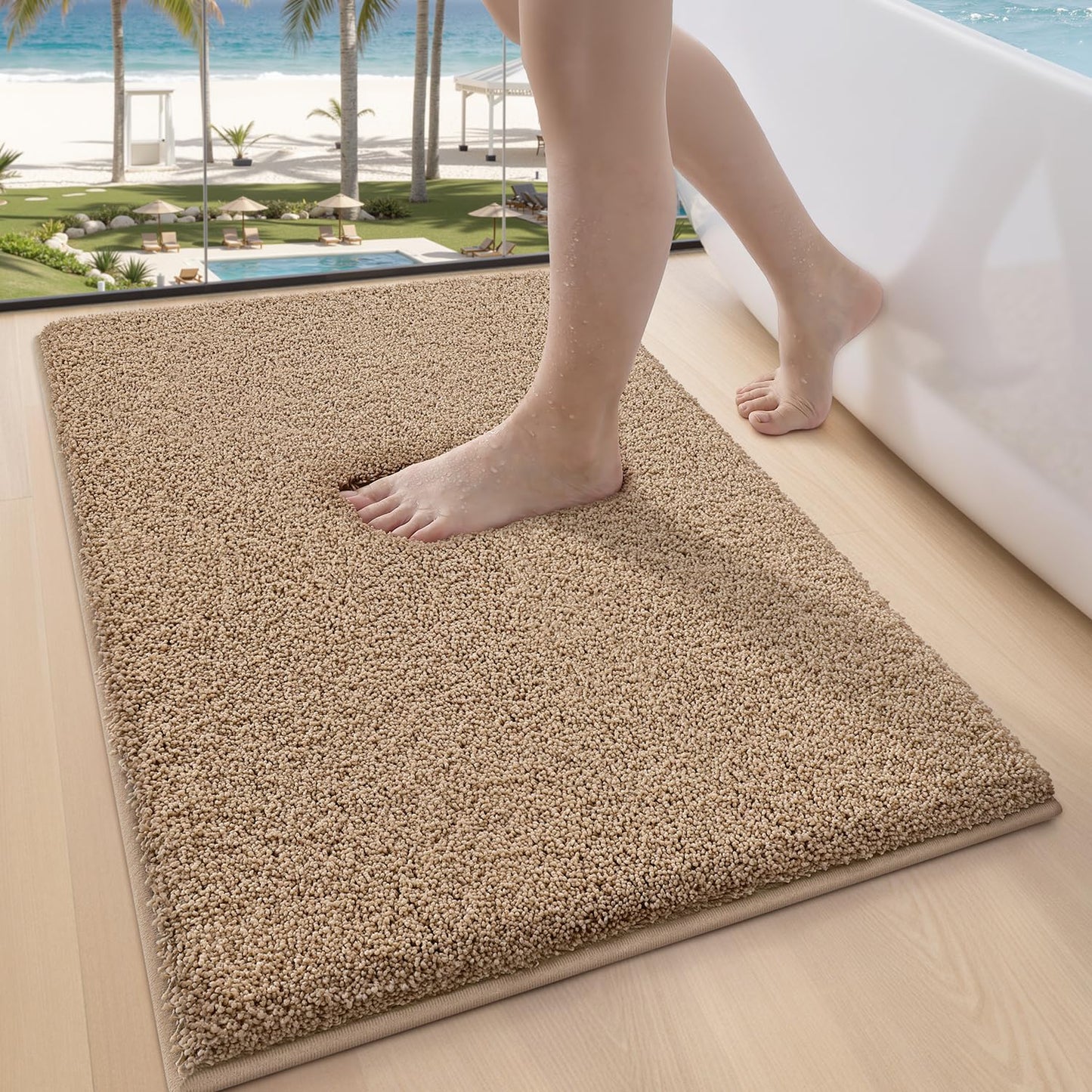 LUMI Beige Bathroom Rugs with Rubber Backing, 16x24 Absorbent Extra Thick Soft Plush Microfiber Bath Mat, Machine Washable Carpet for Bathroom Shower, Tub, Sink, Hotel