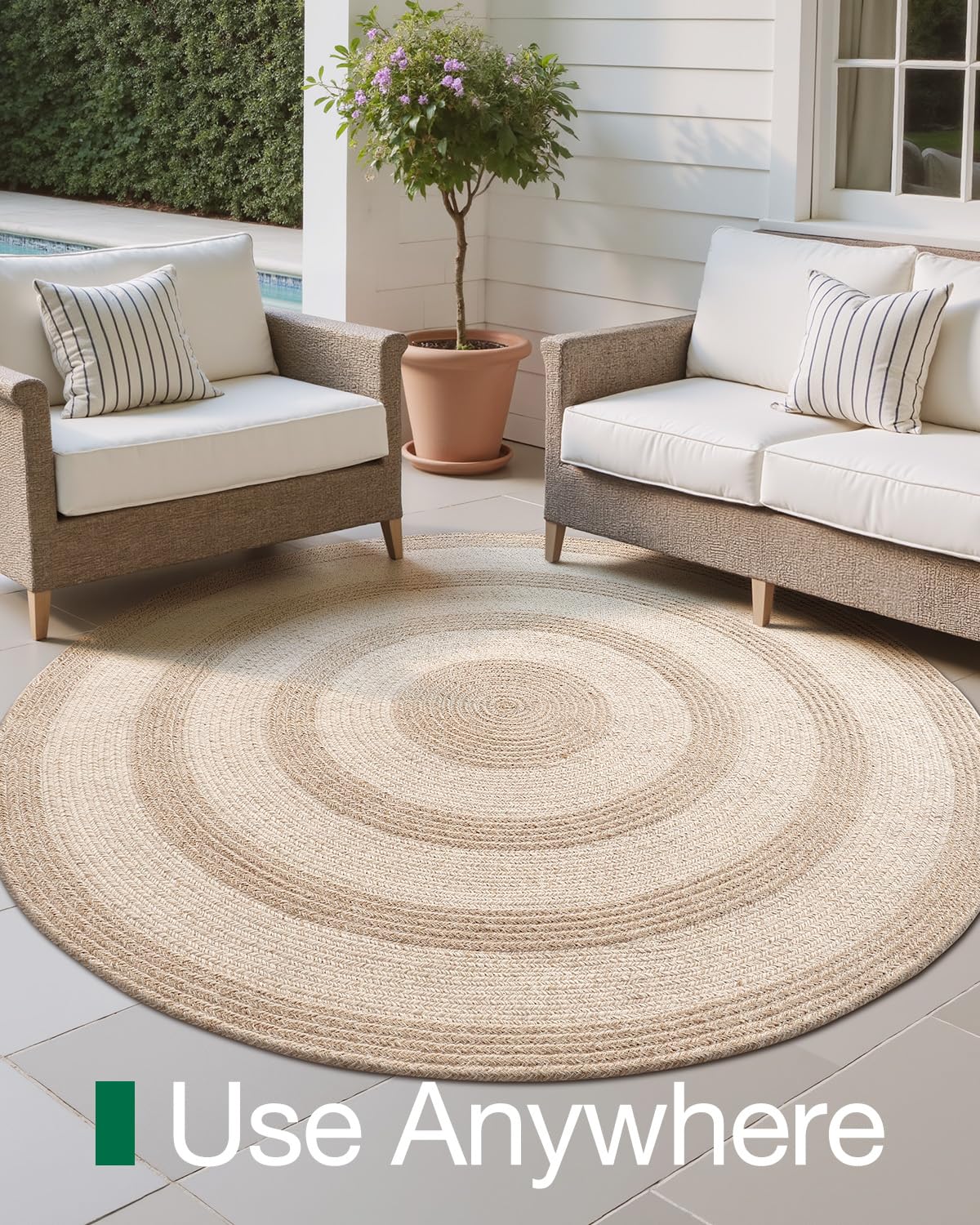 Jute Area Rug, Natural Braided Woven Rugs, Patio Circle Jute Series