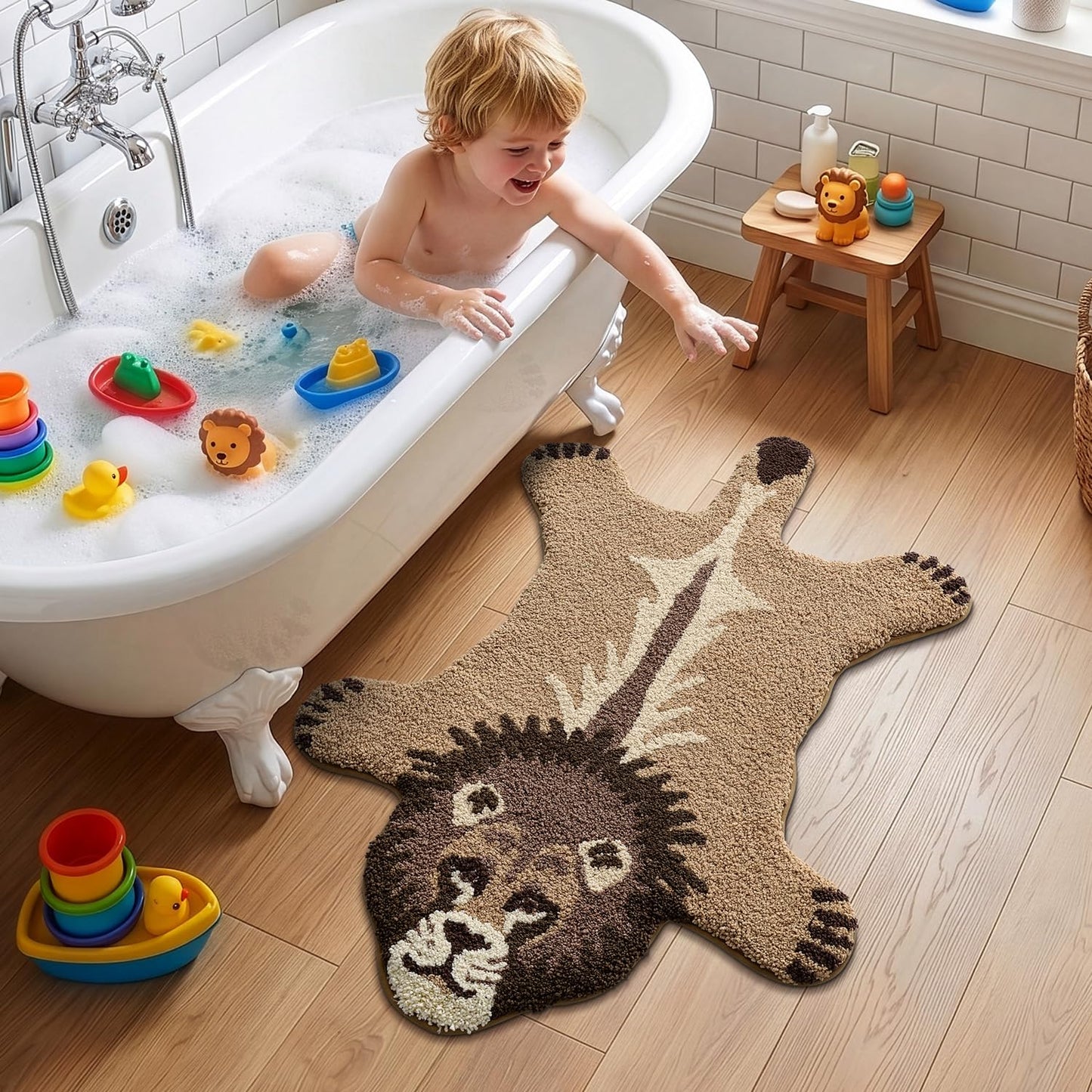LUMI Cute Lion Shaped Bathroom Rugs, Ultra Soft Absorbent Microfiber Bath Mat, Non-Slip Backing Shower Rug, Machine Washable,for Kids Bathroom Bedroom Nursery Decor, 26"x40",Khaki