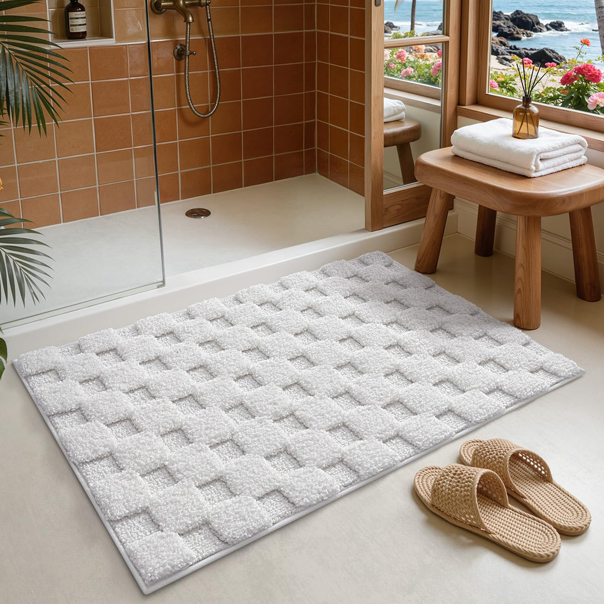 LUMI Non Slip Checkered Bathroom Rugs, Absorbent Waffle Mat, Beige, 16x24