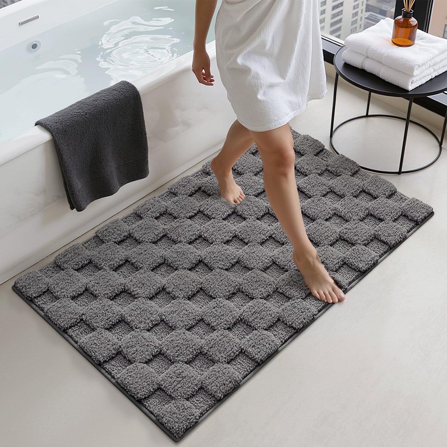 LUMI Non Slip Checkered Bathroom Rugs, Absorbent Waffle Mat, Beige, 16x24
