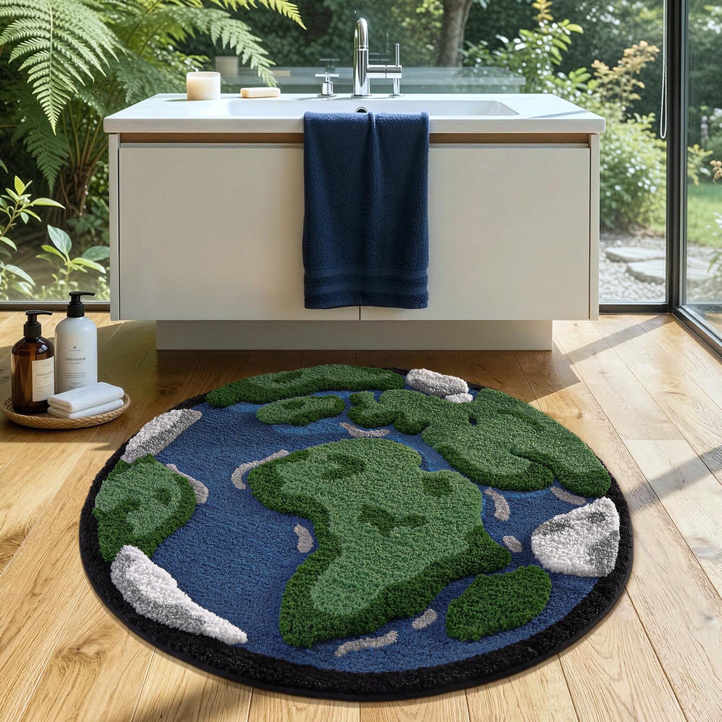 LUMI Round High Pile Earth Globe Bathroom Rug