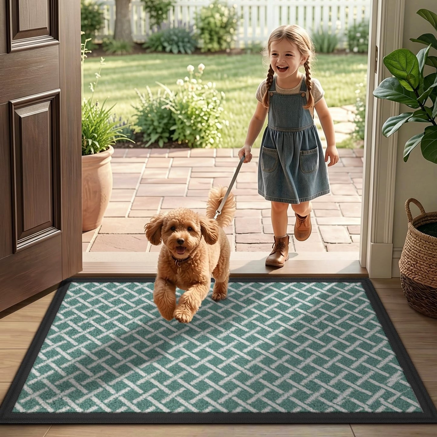LUMI Front Door Mat 17x30, Low-Profile Non-Slip Welcome Mat for Indoor Outdoor, Stain & Fade Resistant Geometric Door Mat for Entryway Patio Porch, Geo-Navy