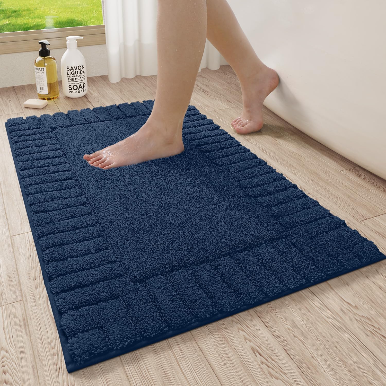 LUMI Bathroom Rug, Non Slip Rubber Backing, Extra Soft Plush Microfiber, Absorbent, Machine Washable Quick Dry, Blue, for Tub/Shower/Hotel