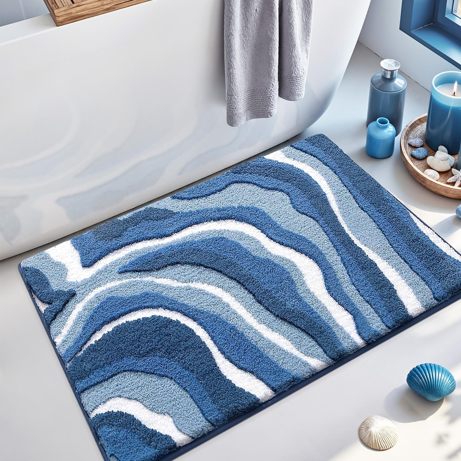 LUMI Wave Bathroom Rug, Non Slip Rubber Backing, Absorbent Microfiber, Machine Washable, Quick Dry for Bathtub/Shower