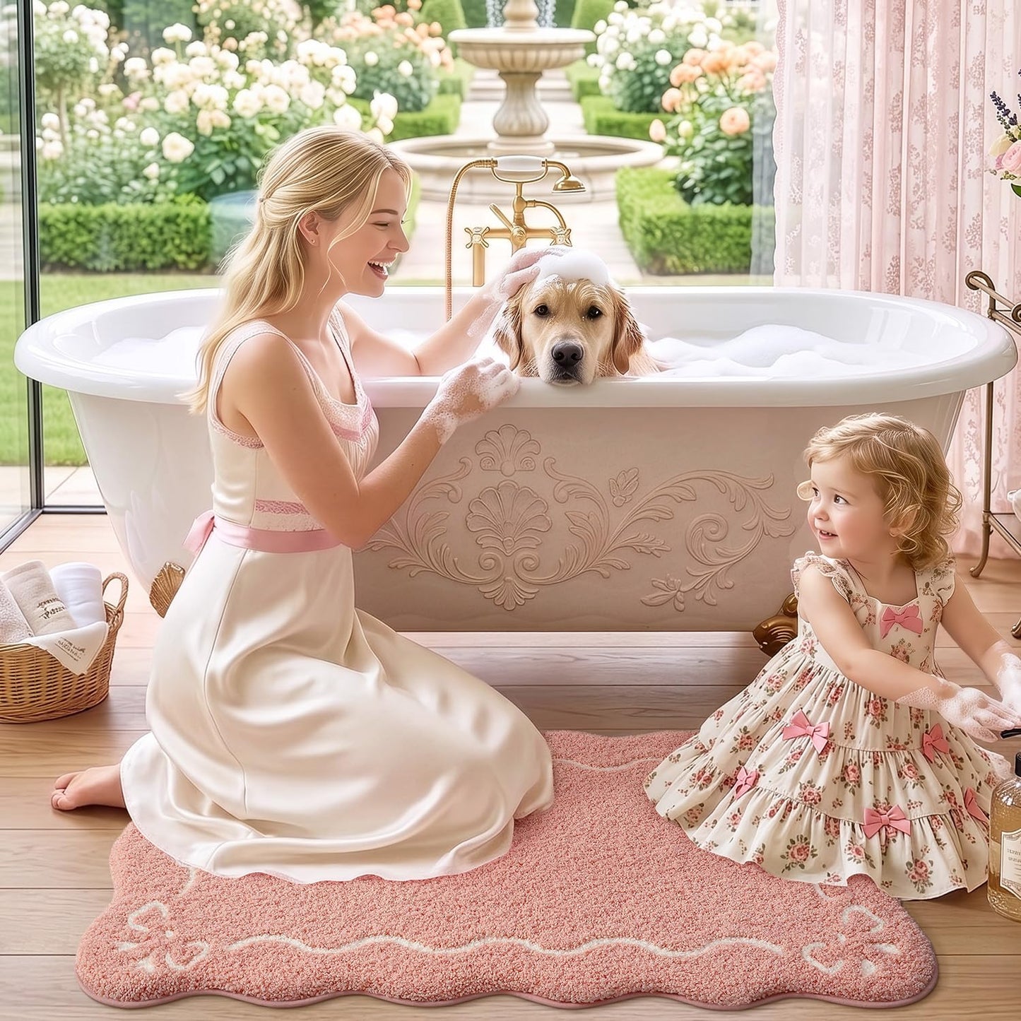 LUMI Scalloped Bathroom Rug, Cute Plush Microfiber Bath Mat, Super Absorbent & Quick Dry Shower Mat, Machine Washable Floor Carpet for Tub