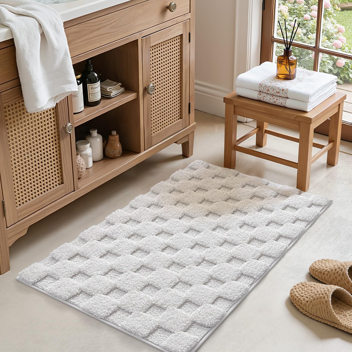 LUMI Non Slip Checkered Bathroom Rugs, Absorbent Waffle Mat, Beige, 16x24