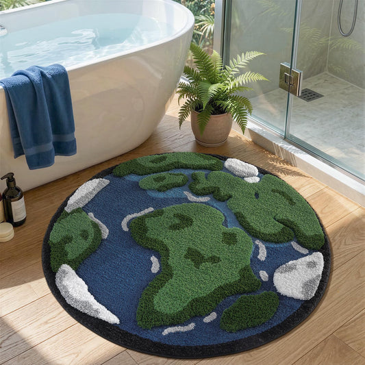 LUMI Round High Pile Earth Globe Bathroom Rug