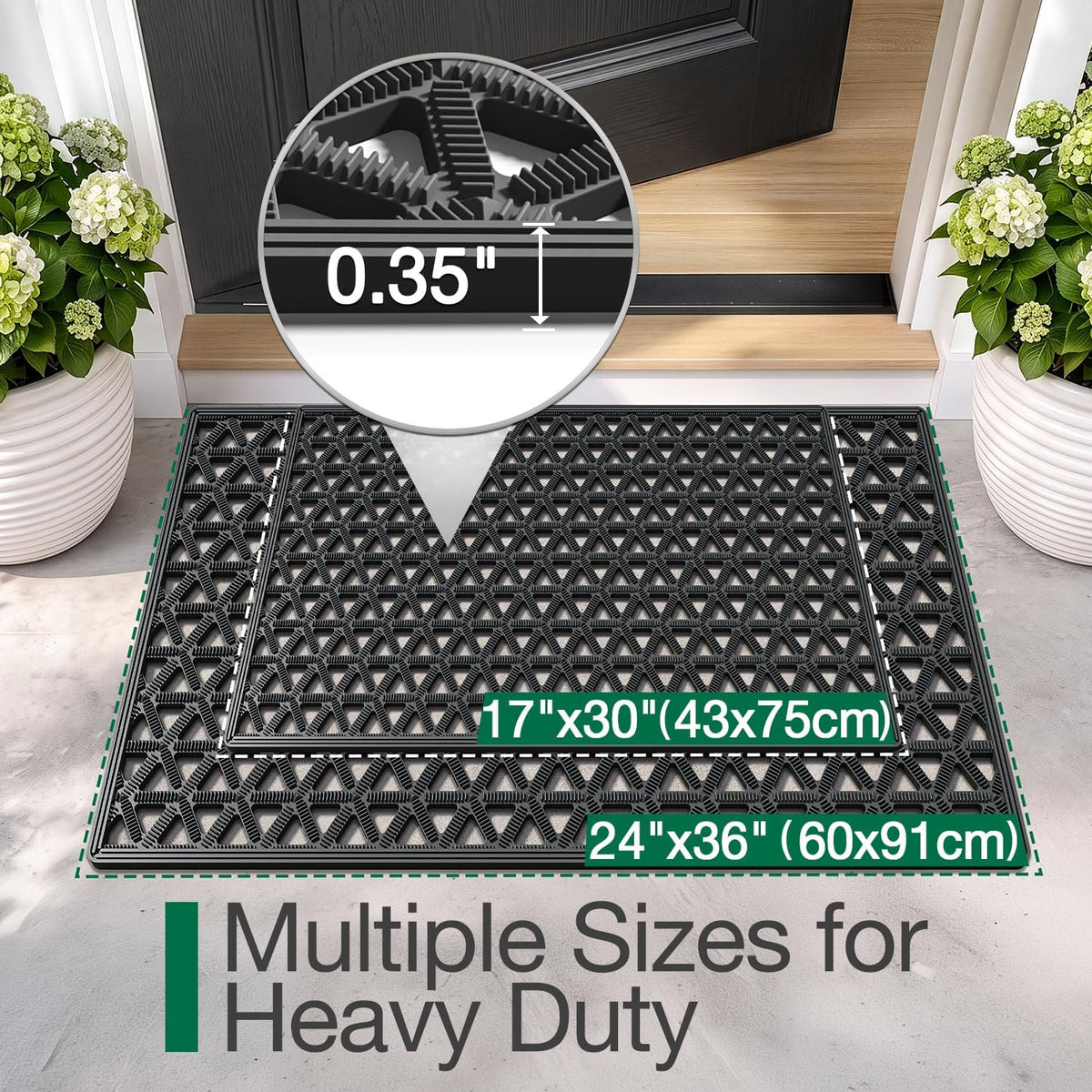LUMI Front Door Mat Outside Entrance 17"x30" Rubber Floor Doormat, Black