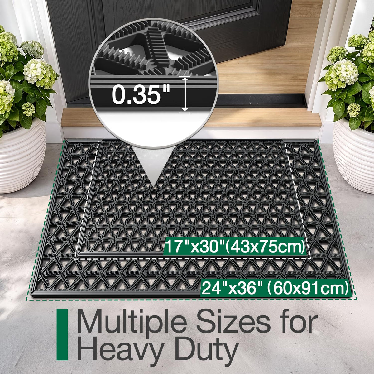 LUMI Front Door Mat Outside Entrance 17"x30" Rubber Floor Doormat, Black