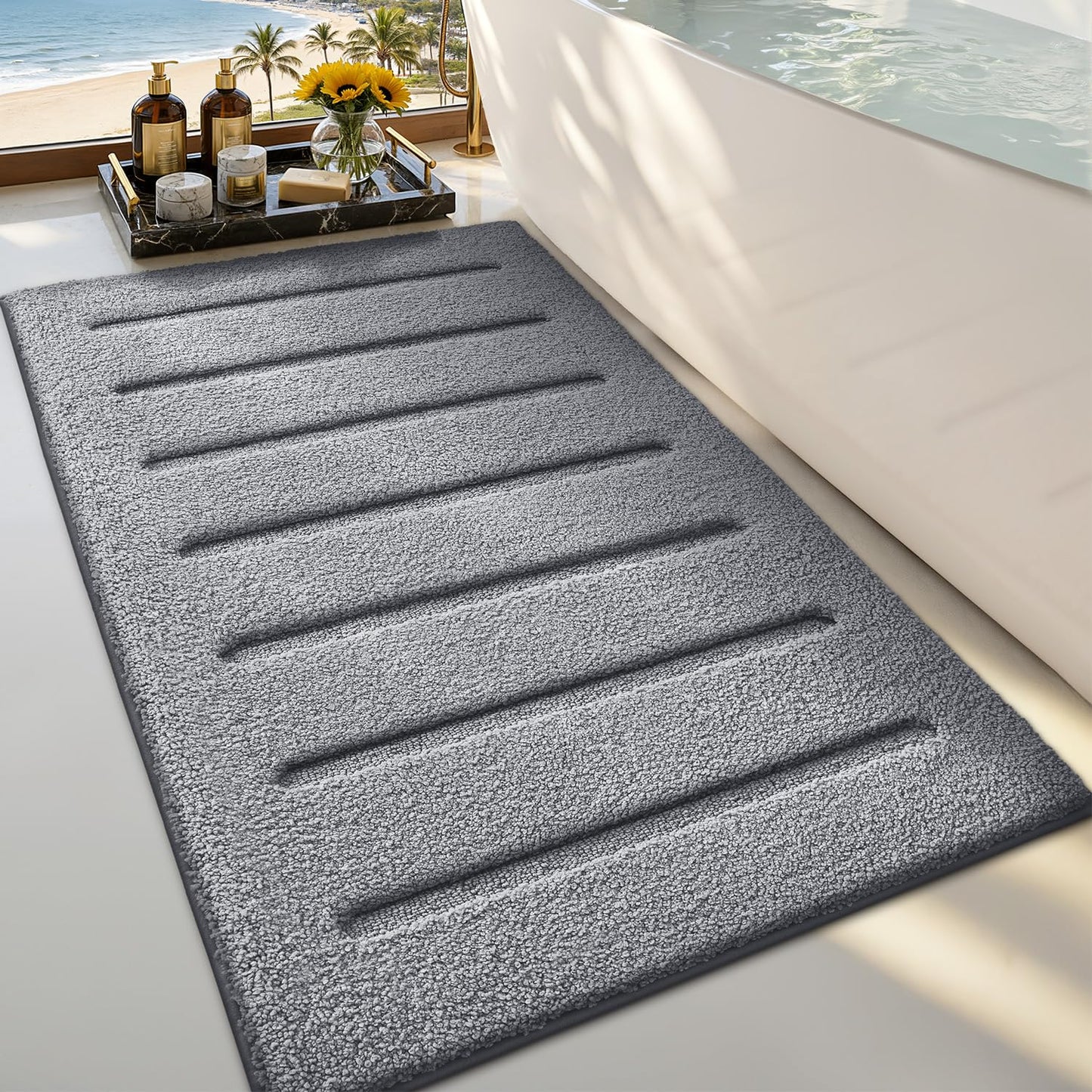 LUMI Non-Slip Skin-Friendly Bathroom Rugs, Hotel Quality Bath Mats for Bathroom, Washable Fluffy Shower Mat, Minimalist Luxury Striped Style,Ideal for Floor, Shower Tub, Entryway, 17"x30", Beige