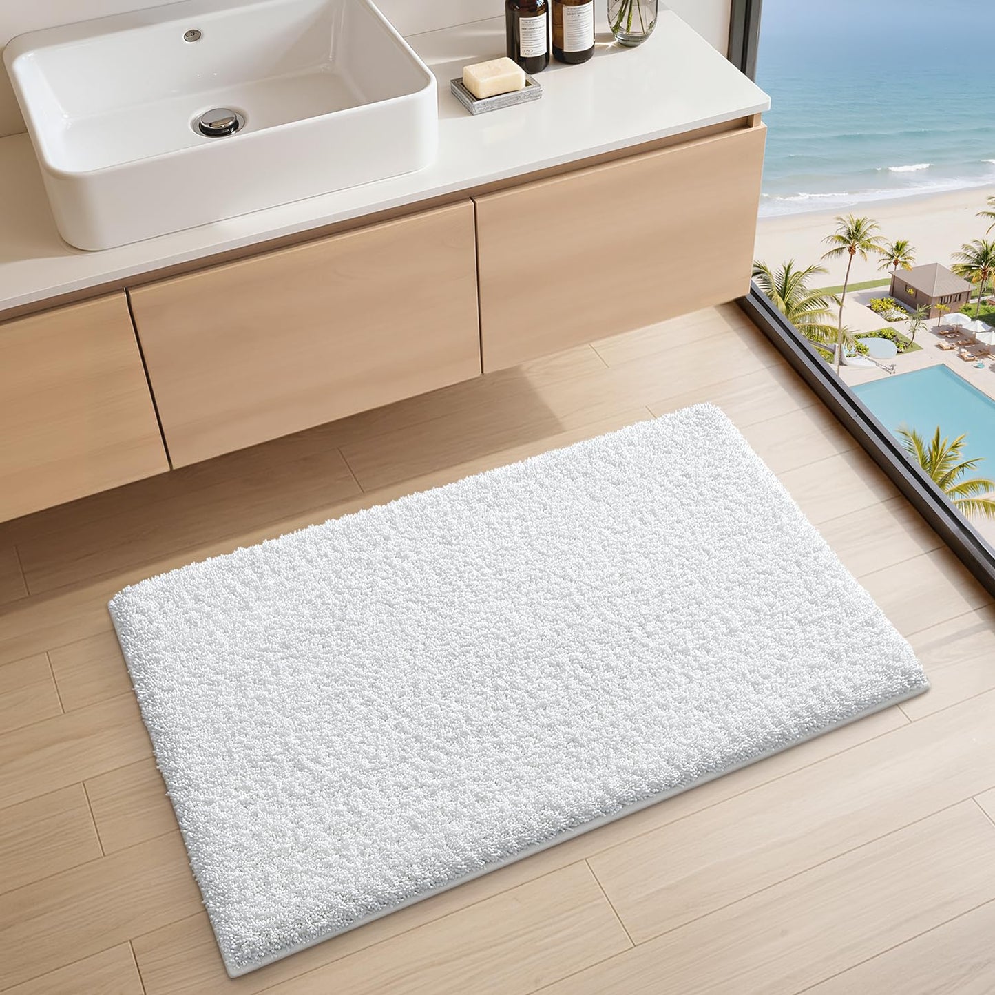LUMI Beige Bathroom Rugs with Rubber Backing, 16x24 Absorbent Extra Thick Soft Plush Microfiber Bath Mat, Machine Washable Carpet for Bathroom Shower, Tub, Sink, Hotel