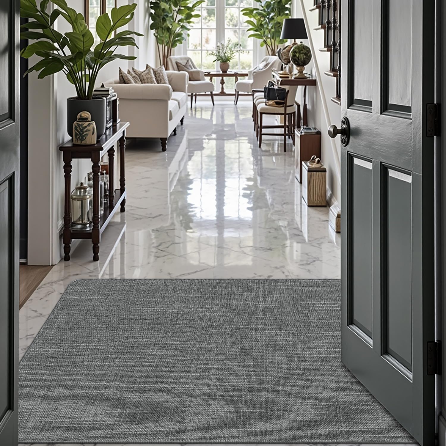 LUMI Ultra Thin Entryway Door Mat, Low Profile Non Slip Rubber Backing, Easy Clean, Greenish Grey, for Indoor/Patio