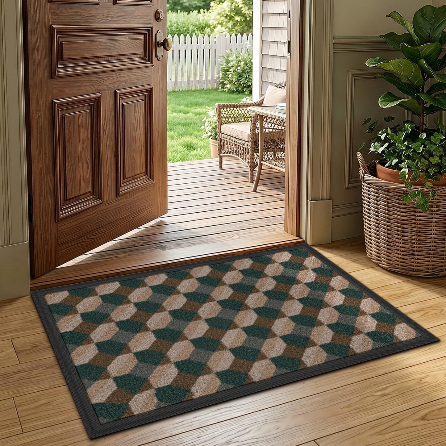 LUMI Front Door Mat 17x30, Low-Profile Non-Slip Welcome Mat for Indoor Outdoor, Stain & Fade Resistant Geometric Door Mat for Entryway Patio Porch, Geo-Navy