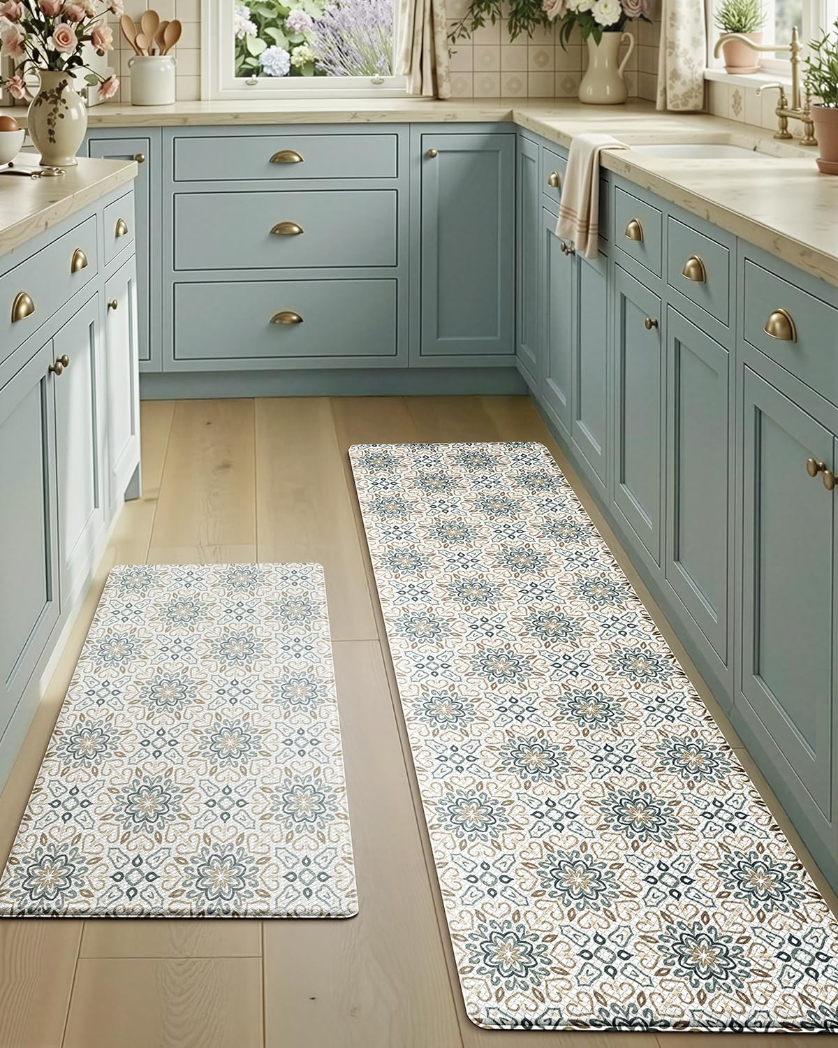 LUMI Anti-Fatigue Kitchen Floor Mats Set of 2,Cushioned Comfort Standing Rug Waterproof 2PCS, Non-Slip Ergonomic Foam Runner for Sink, Laundry, Office & Home,17x29+17x59,