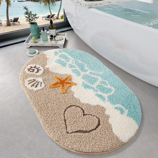 LUMI Beach Bathroom Rugs, Non Slip Bath Mat Ultra Soft Washable Absorbent Quick Dry, Ocean Sea Theme Bath Rug with Starfish Shell for Shower Floor.