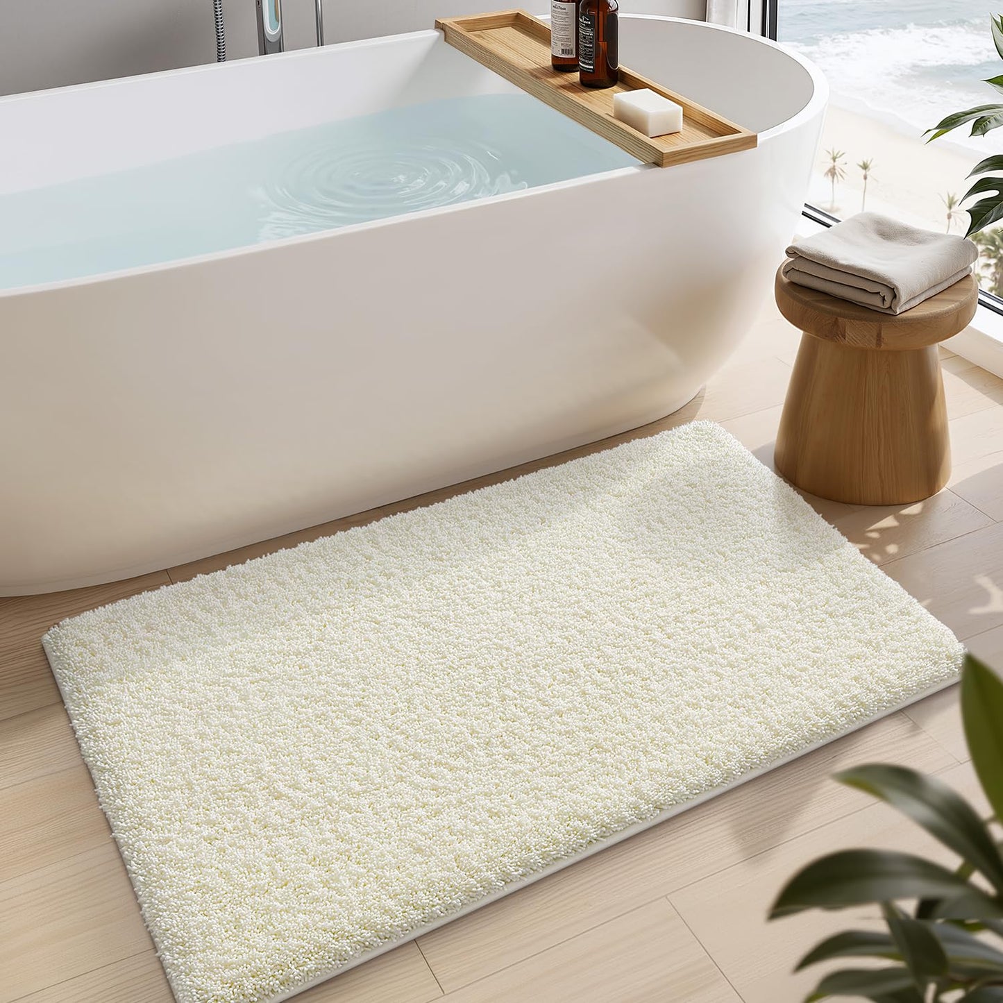 LUMI Beige Bathroom Rugs with Rubber Backing, 16x24 Absorbent Extra Thick Soft Plush Microfiber Bath Mat, Machine Washable Carpet for Bathroom Shower, Tub, Sink, Hotel