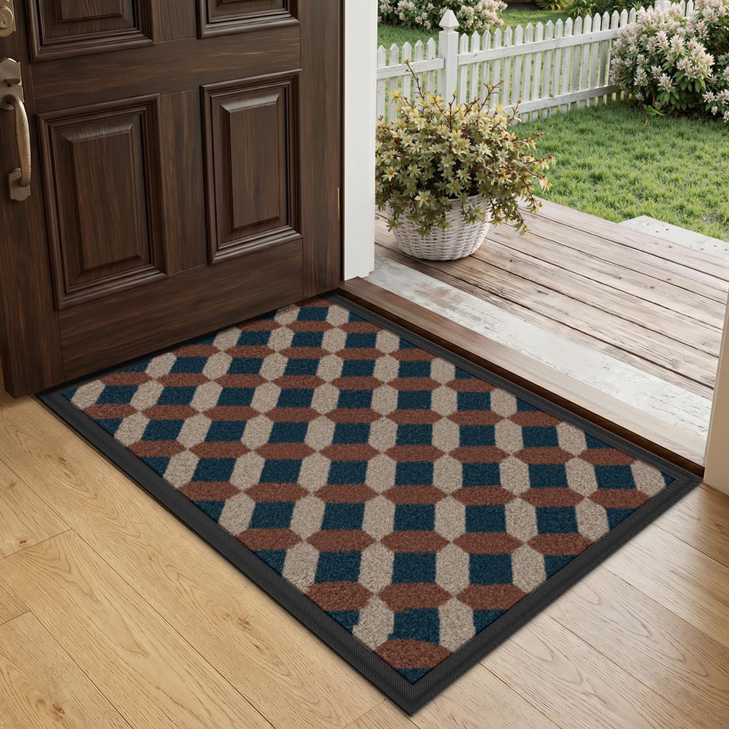 LUMI Front Door Mat 17x30, Low-Profile Non-Slip Welcome Mat for Indoor Outdoor, Stain & Fade Resistant Geometric Door Mat for Entryway Patio Porch, Geo-Navy