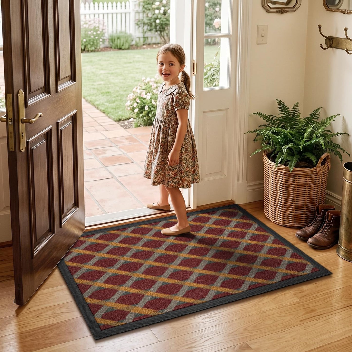 LUMI Front Door Mat 17x30, Low-Profile Non-Slip Welcome Mat for Indoor Outdoor, Stain & Fade Resistant Geometric Door Mat for Entryway Patio Porch, Geo-Navy