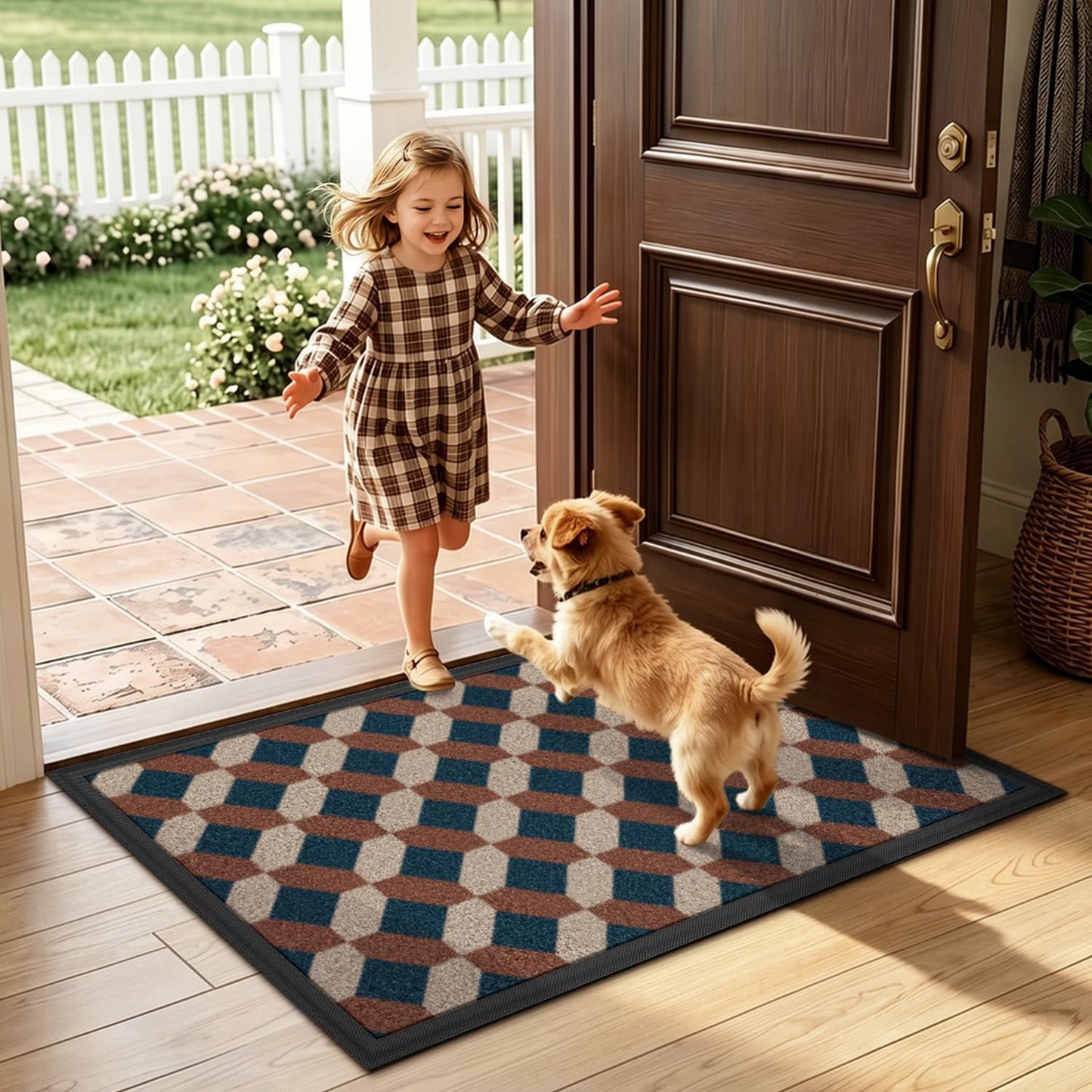 LUMI Front Door Mat 17x30, Low-Profile Non-Slip Welcome Mat for Indoor Outdoor, Stain & Fade Resistant Geometric Door Mat for Entryway Patio Porch, Geo-Navy