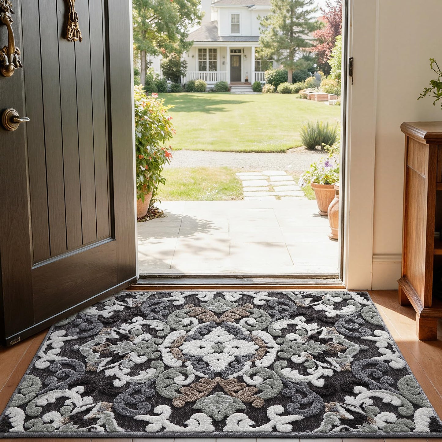 LUMI Indoor Door Mat for Entrance 17x30, Luxury Front Doormat with Non-Slip Latex Rubber Backing, Soft Washable Dirt Trapper, Flower Bliss (Folded Package)