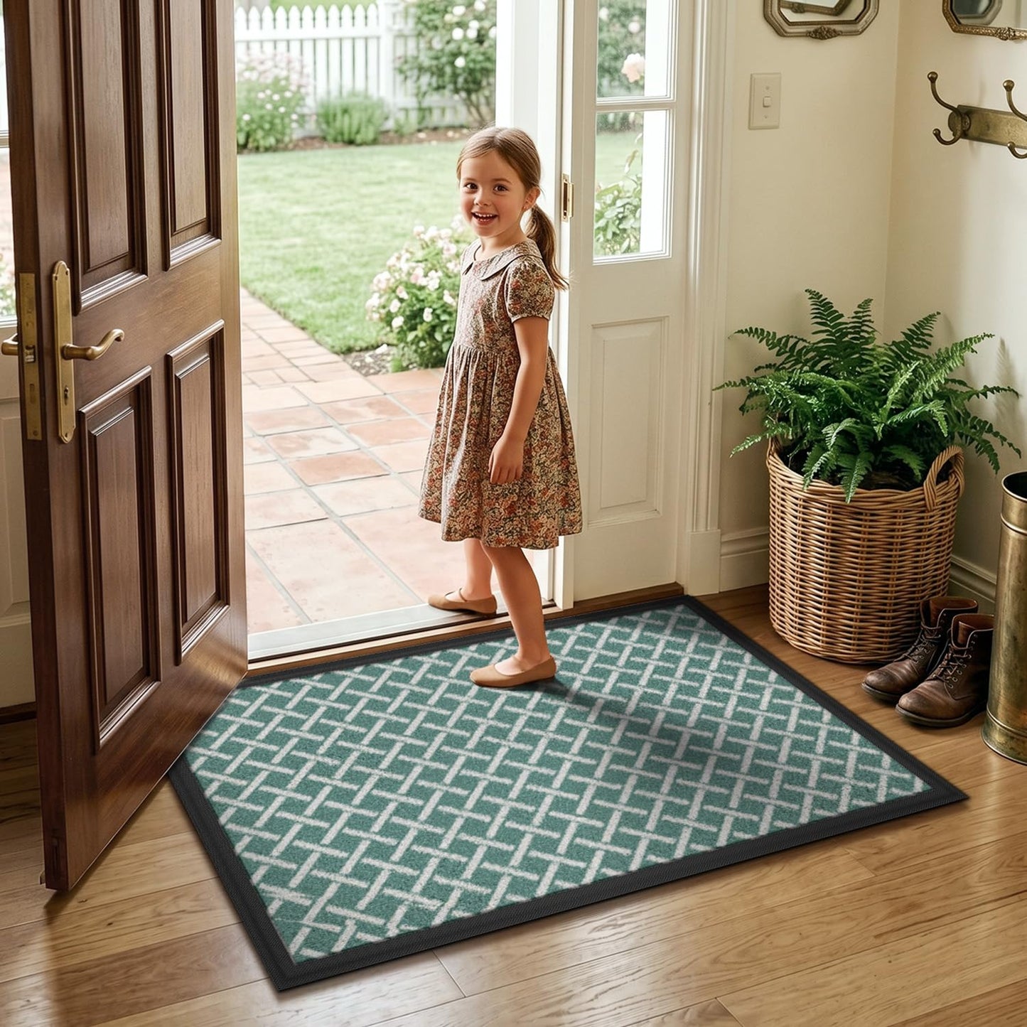 LUMI Front Door Mat 17x30, Low-Profile Non-Slip Welcome Mat for Indoor Outdoor, Stain & Fade Resistant Geometric Door Mat for Entryway Patio Porch, Geo-Navy