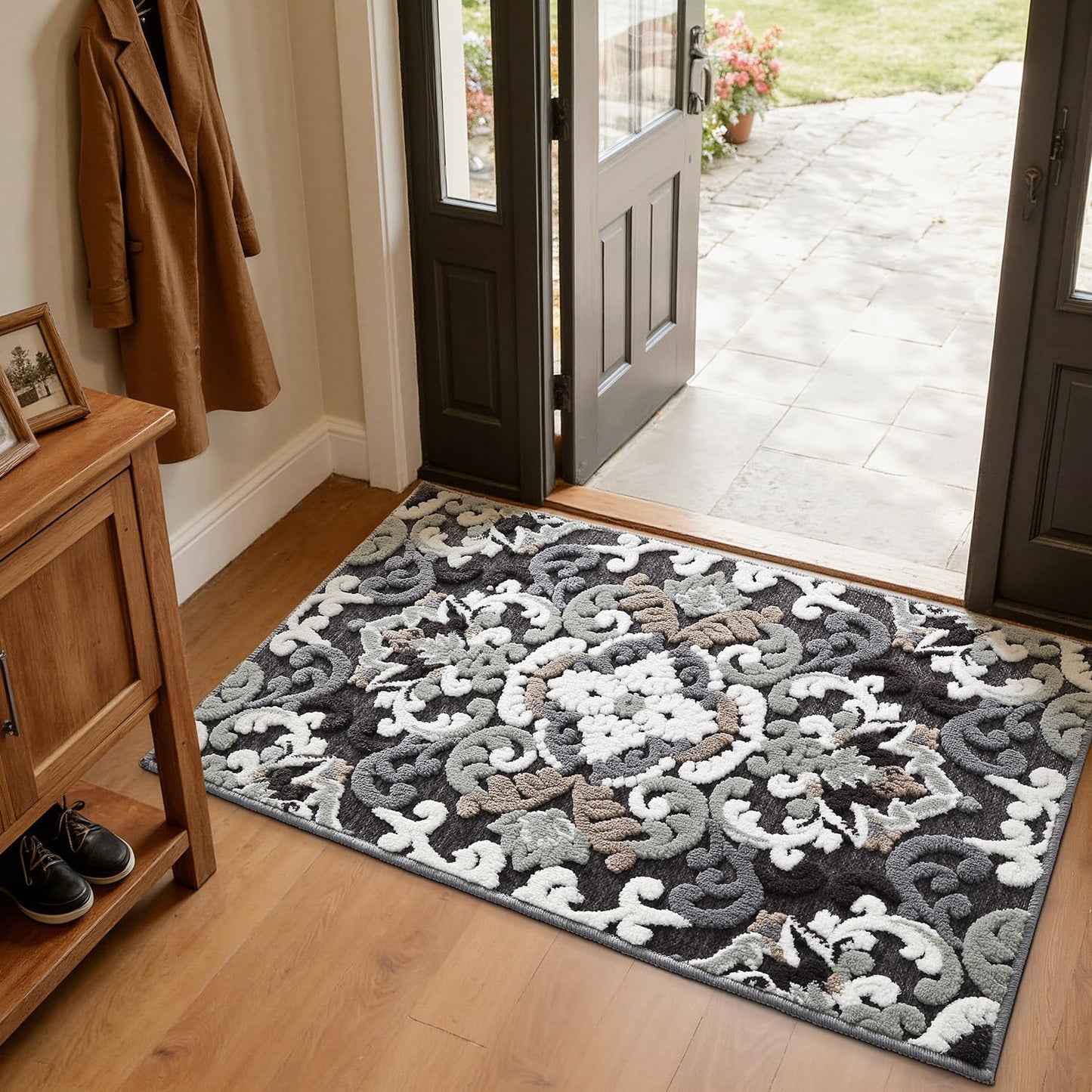 LUMI Indoor Door Mat for Entrance 17x30, Luxury Front Doormat with Non-Slip Latex Rubber Backing, Soft Washable Dirt Trapper, Flower Bliss (Folded Package)