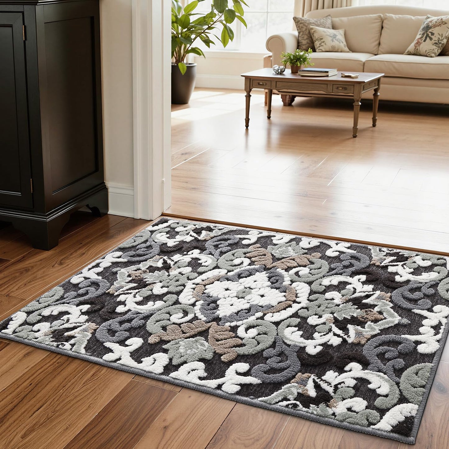 LUMI Indoor Door Mat for Entrance 17x30, Luxury Front Doormat with Non-Slip Latex Rubber Backing, Soft Washable Dirt Trapper, Flower Bliss (Folded Package)