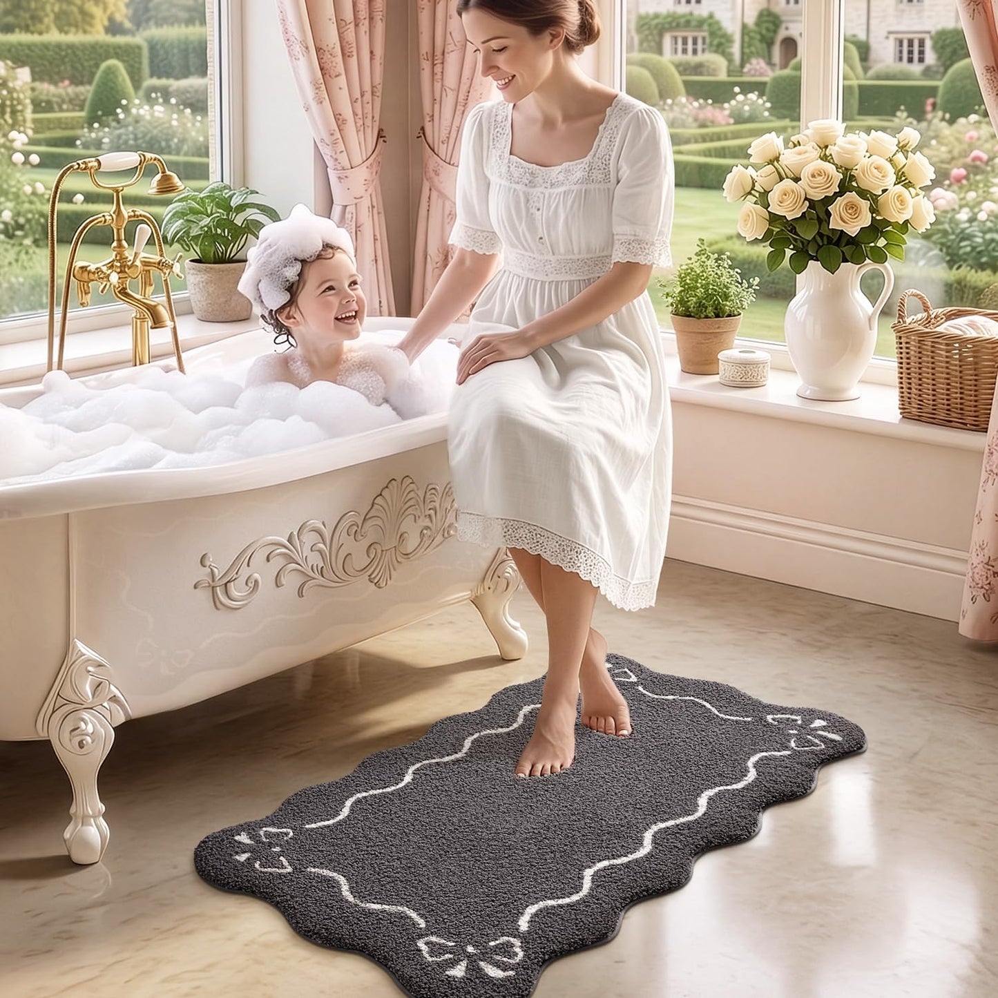 LUMI Scalloped Bathroom Rug, Cute Plush Microfiber Bath Mat, Super Absorbent & Quick Dry Shower Mat, Machine Washable Floor Carpet for Tub
