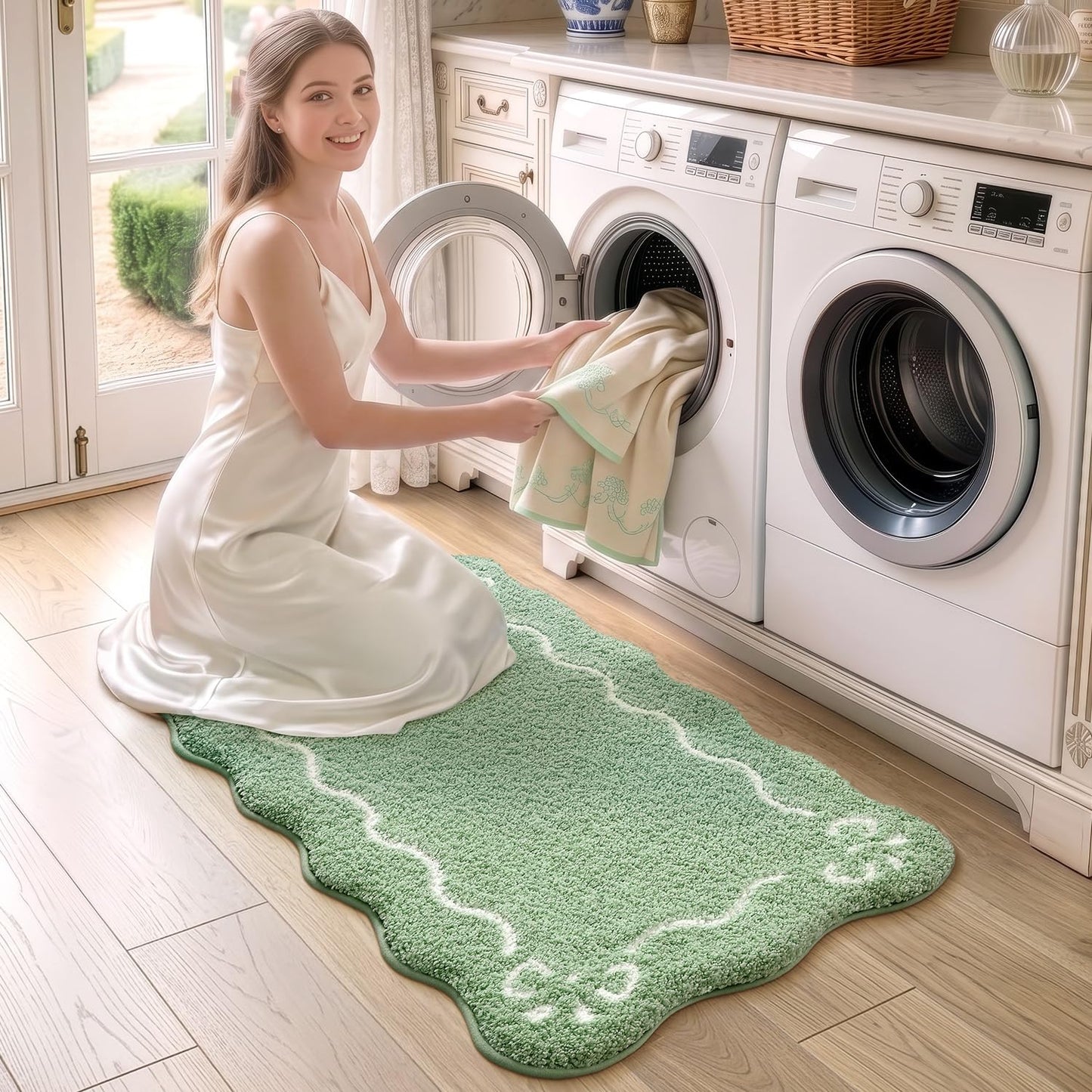 LUMI Scalloped Bathroom Rug, Cute Plush Microfiber Bath Mat, Super Absorbent & Quick Dry Shower Mat, Machine Washable Floor Carpet for Tub