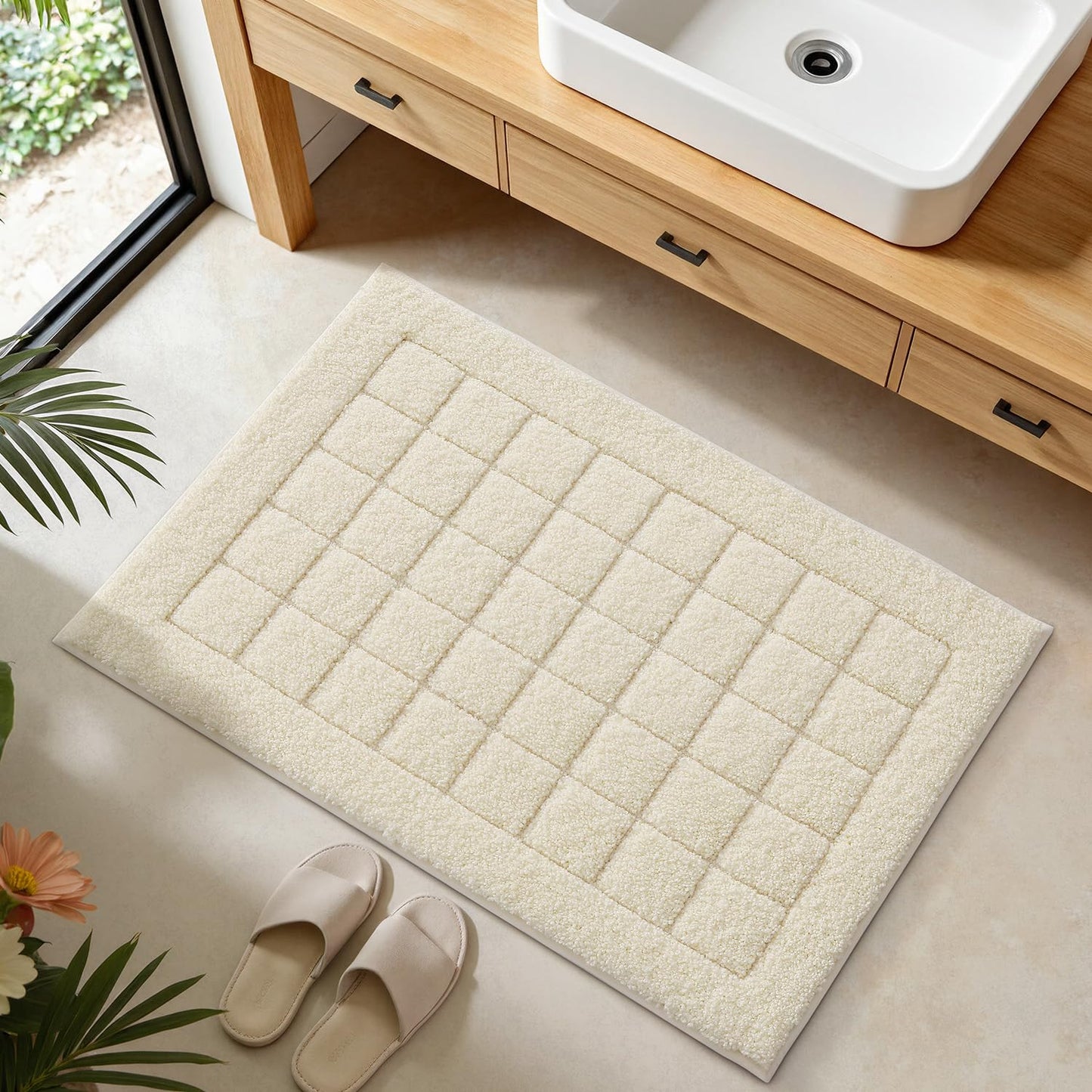 LUMI Modern Bathroom Rug, Serene Grid Series.