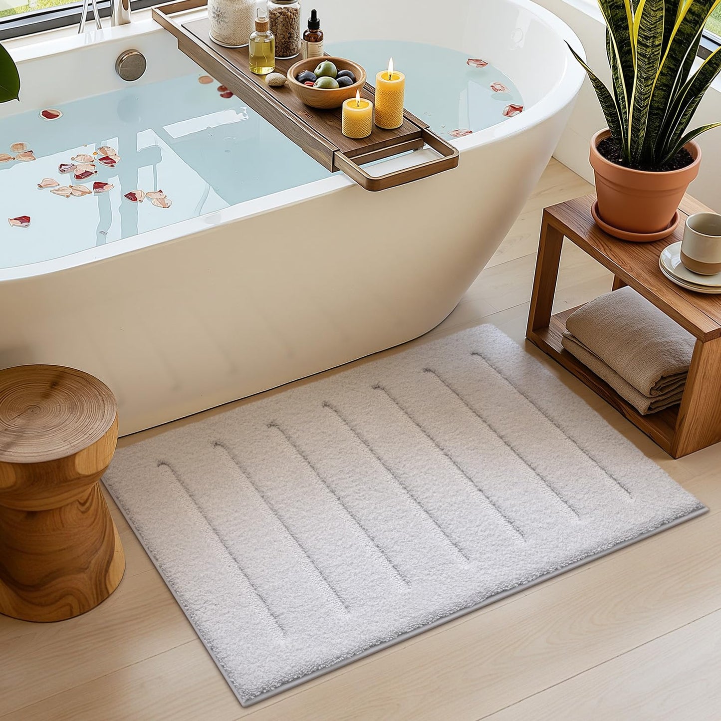 LUMI Non-Slip Skin-Friendly Bathroom Rugs, Hotel Quality Bath Mats for Bathroom, Washable Fluffy Shower Mat, Minimalist Luxury Striped Style,Ideal for Floor, Shower Tub, Entryway, 17"x30", Beige