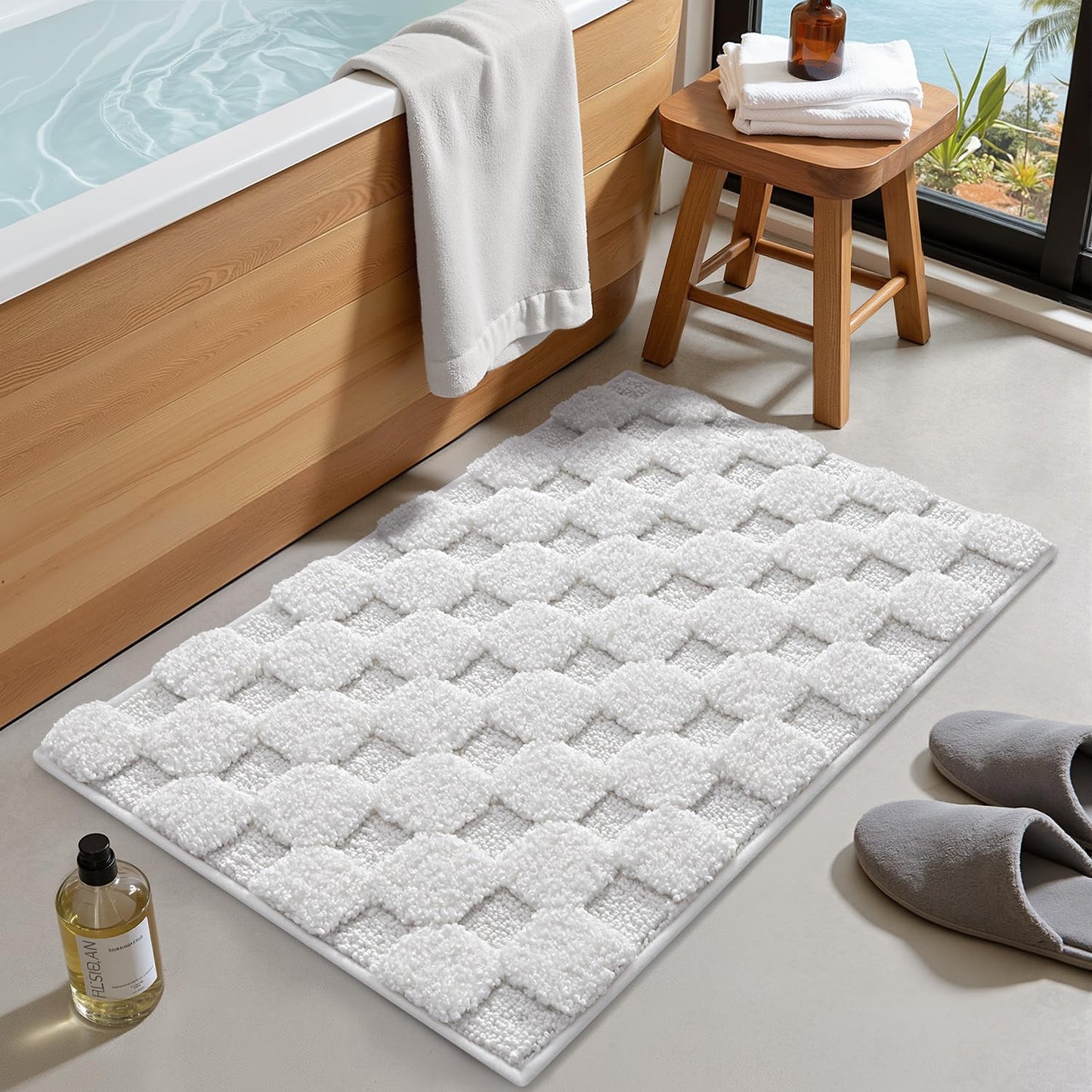 LUMI Non Slip Checkered Bathroom Rugs, Absorbent Waffle Mat, Beige, 16x24