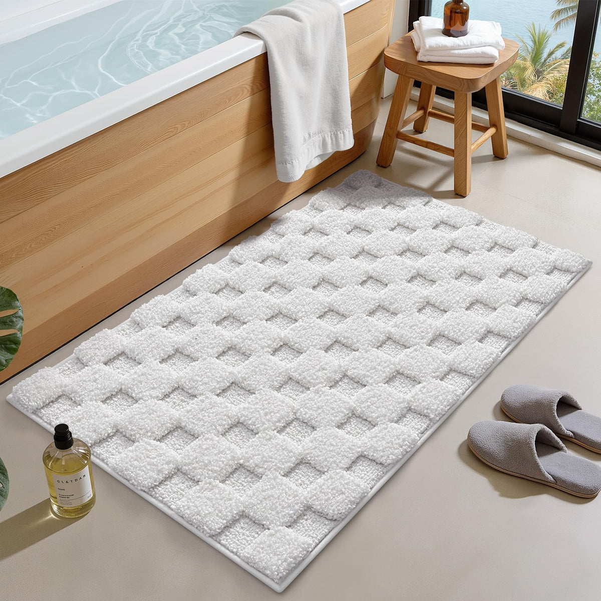 LUMI Non Slip Checkered Bathroom Rugs, Absorbent Waffle Mat, Beige, 16x24