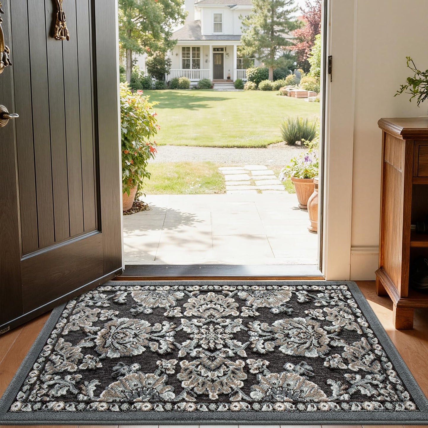 LUMI Indoor Door Mat for Entrance 17x30, Luxury Front Doormat with Non-Slip Latex Rubber Backing, Soft Washable Dirt Trapper, Flower Bliss (Folded Package)