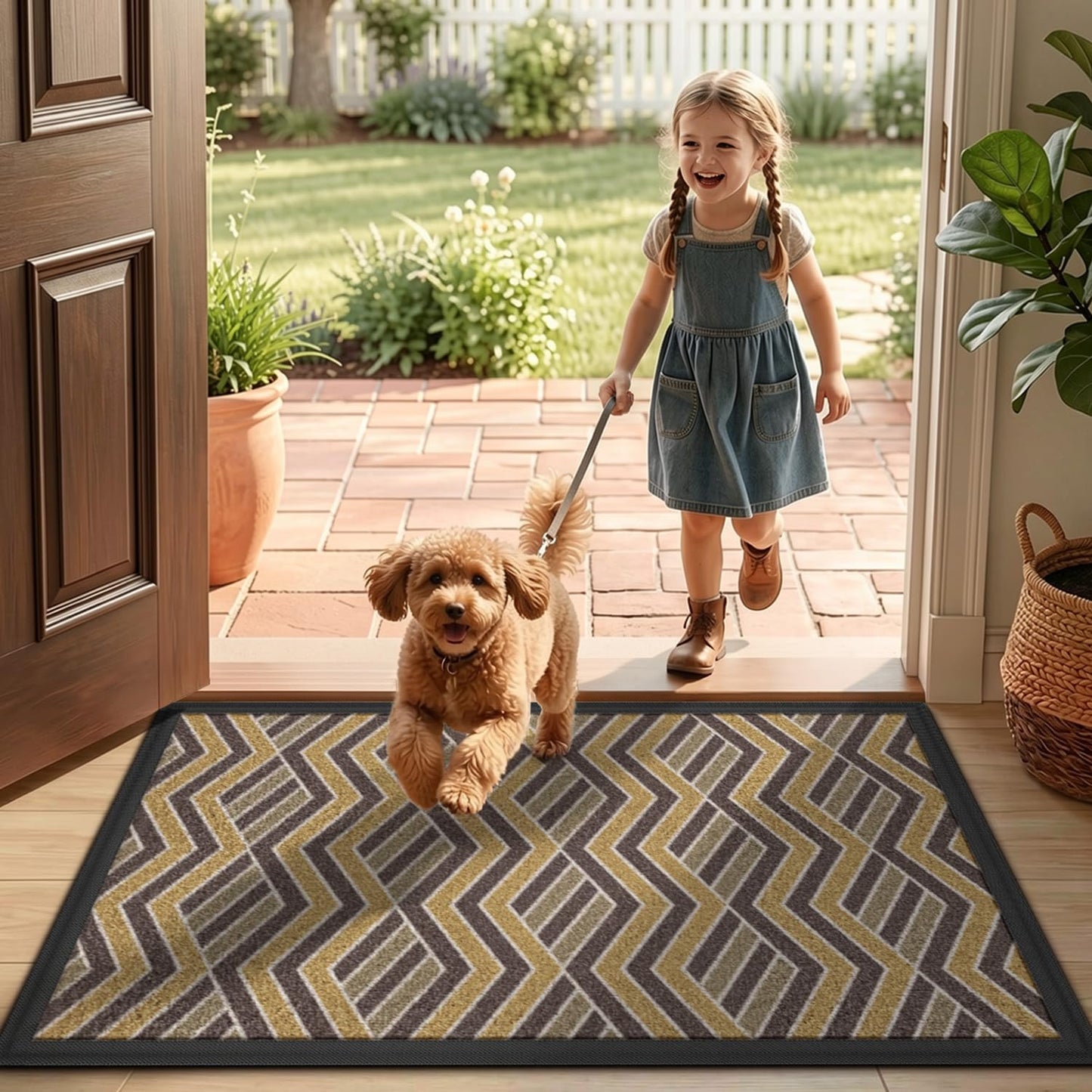 LUMI Front Door Mat 17x30, Low-Profile Non-Slip Welcome Mat for Indoor Outdoor, Stain & Fade Resistant Geometric Door Mat for Entryway Patio Porch, Geo-Navy