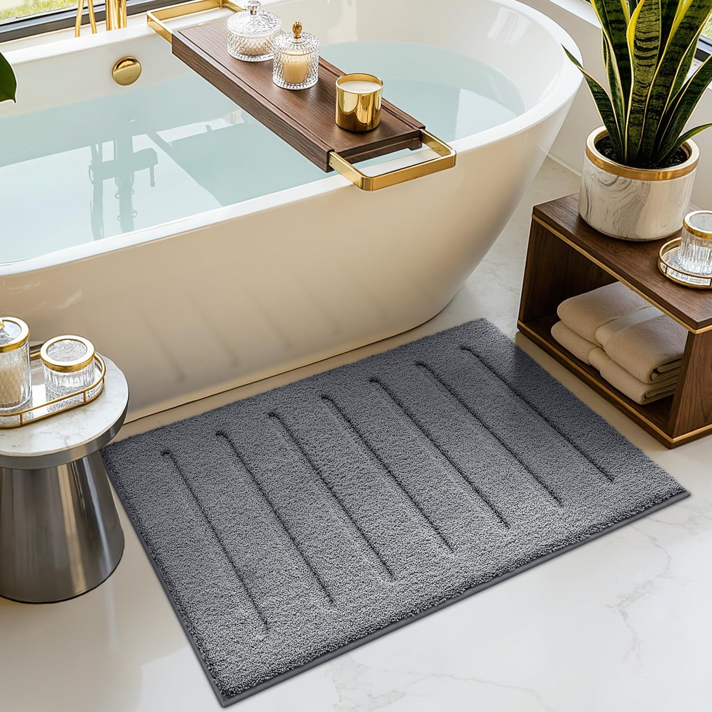LUMI Non-Slip Skin-Friendly Bathroom Rugs, Hotel Quality Bath Mats for Bathroom, Washable Fluffy Shower Mat, Minimalist Luxury Striped Style,Ideal for Floor, Shower Tub, Entryway, 17"x30", Beige