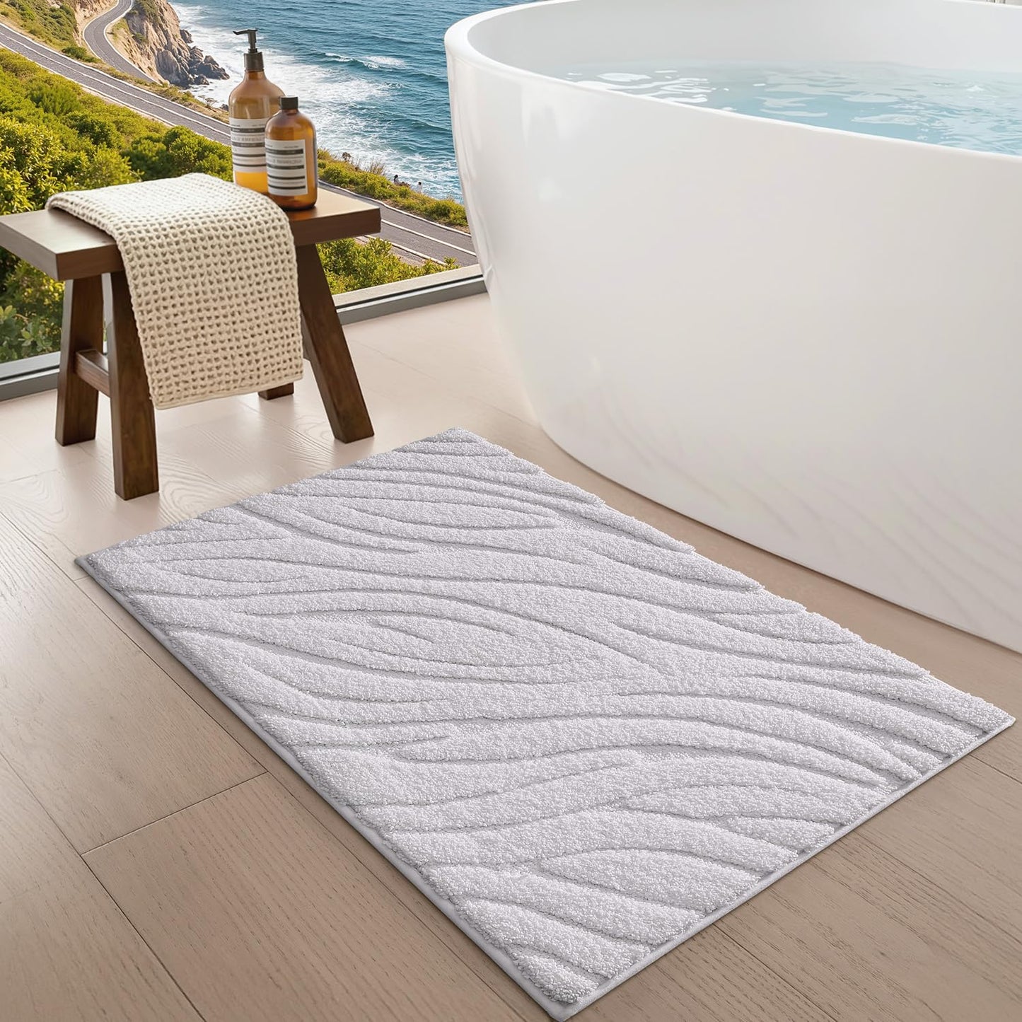 LUMI Bathroom Rug, Soft Absorbent Non Slip Bath Mat, Quick Dry Bath Mats, Machine Washable Microfiber Carpet for Modern Shower Room, Bathtub, Minimalist Bathmat, 36"x24", White