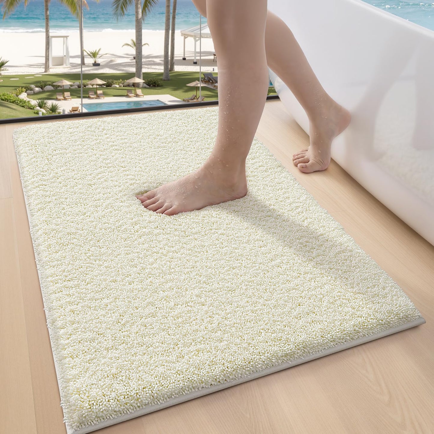 LUMI Beige Bathroom Rugs with Rubber Backing, 16x24 Absorbent Extra Thick Soft Plush Microfiber Bath Mat, Machine Washable Carpet for Bathroom Shower, Tub, Sink, Hotel