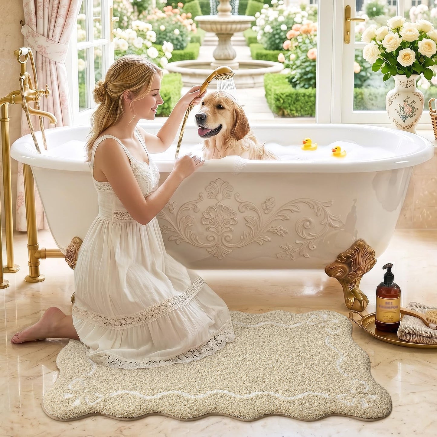LUMI Scalloped Bathroom Rug, Cute Plush Microfiber Bath Mat, Super Absorbent & Quick Dry Shower Mat, Machine Washable Floor Carpet for Tub