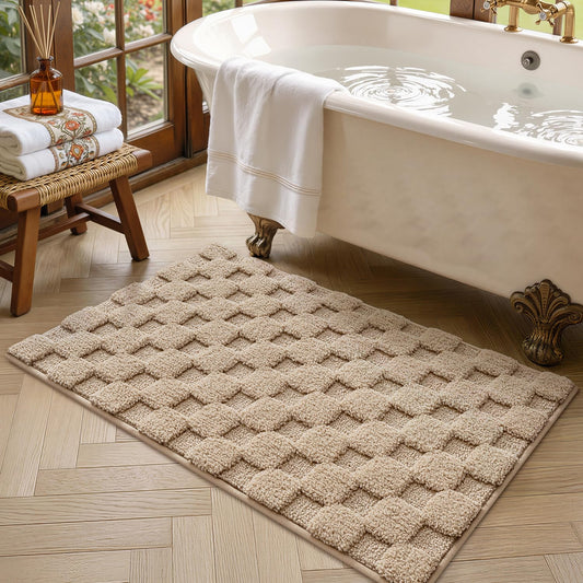 LUMI Non Slip Checkered Bathroom Rugs, Absorbent Waffle Mat, Beige, 16x24