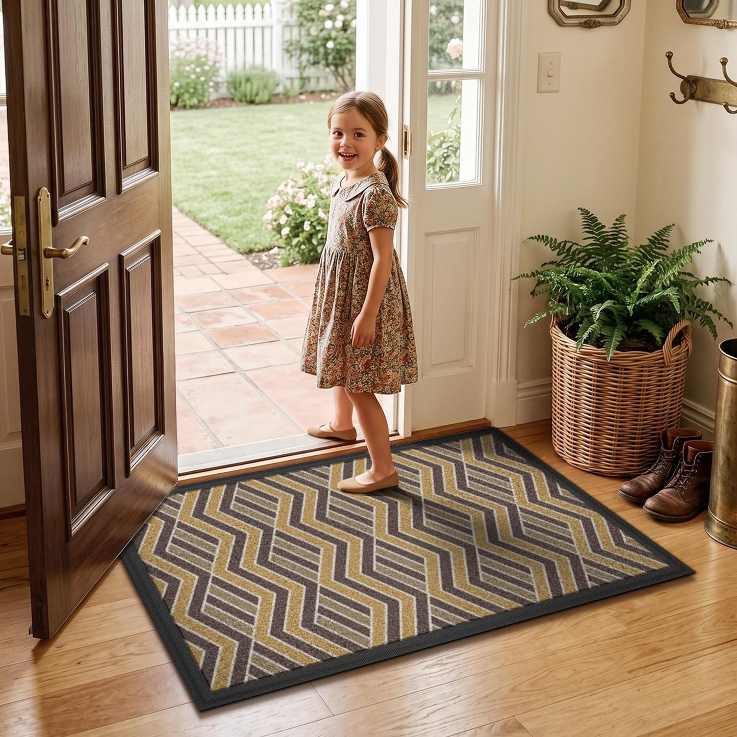 LUMI Front Door Mat 17x30, Low-Profile Non-Slip Welcome Mat for Indoor Outdoor, Stain & Fade Resistant Geometric Door Mat for Entryway Patio Porch, Geo-Navy