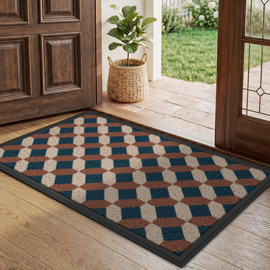 LUMI Front Door Mat 17x30, Low-Profile Non-Slip Welcome Mat for Indoor Outdoor, Stain & Fade Resistant Geometric Door Mat for Entryway Patio Porch, Geo-Navy