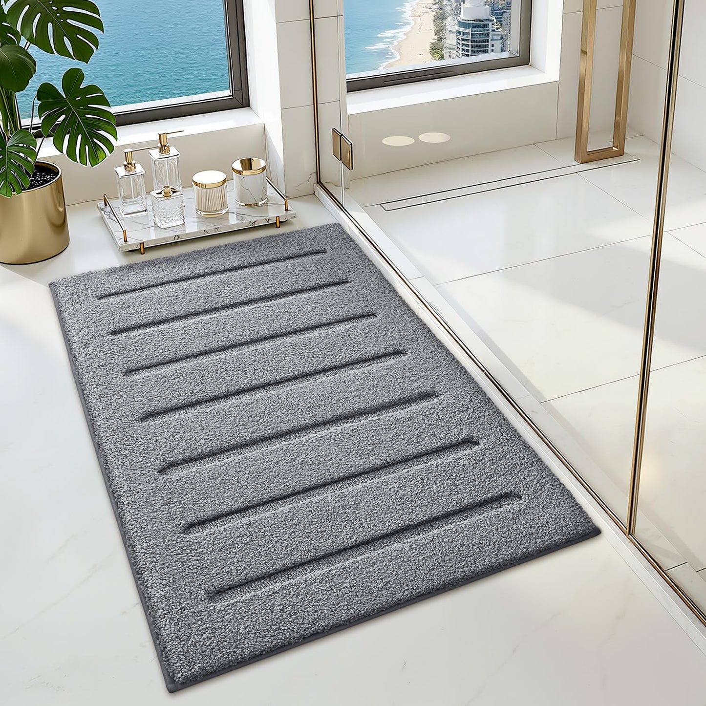 LUMI Non-Slip Skin-Friendly Bathroom Rugs, Hotel Quality Bath Mats for Bathroom, Washable Fluffy Shower Mat, Minimalist Luxury Striped Style,Ideal for Floor, Shower Tub, Entryway, 17"x30", Beige