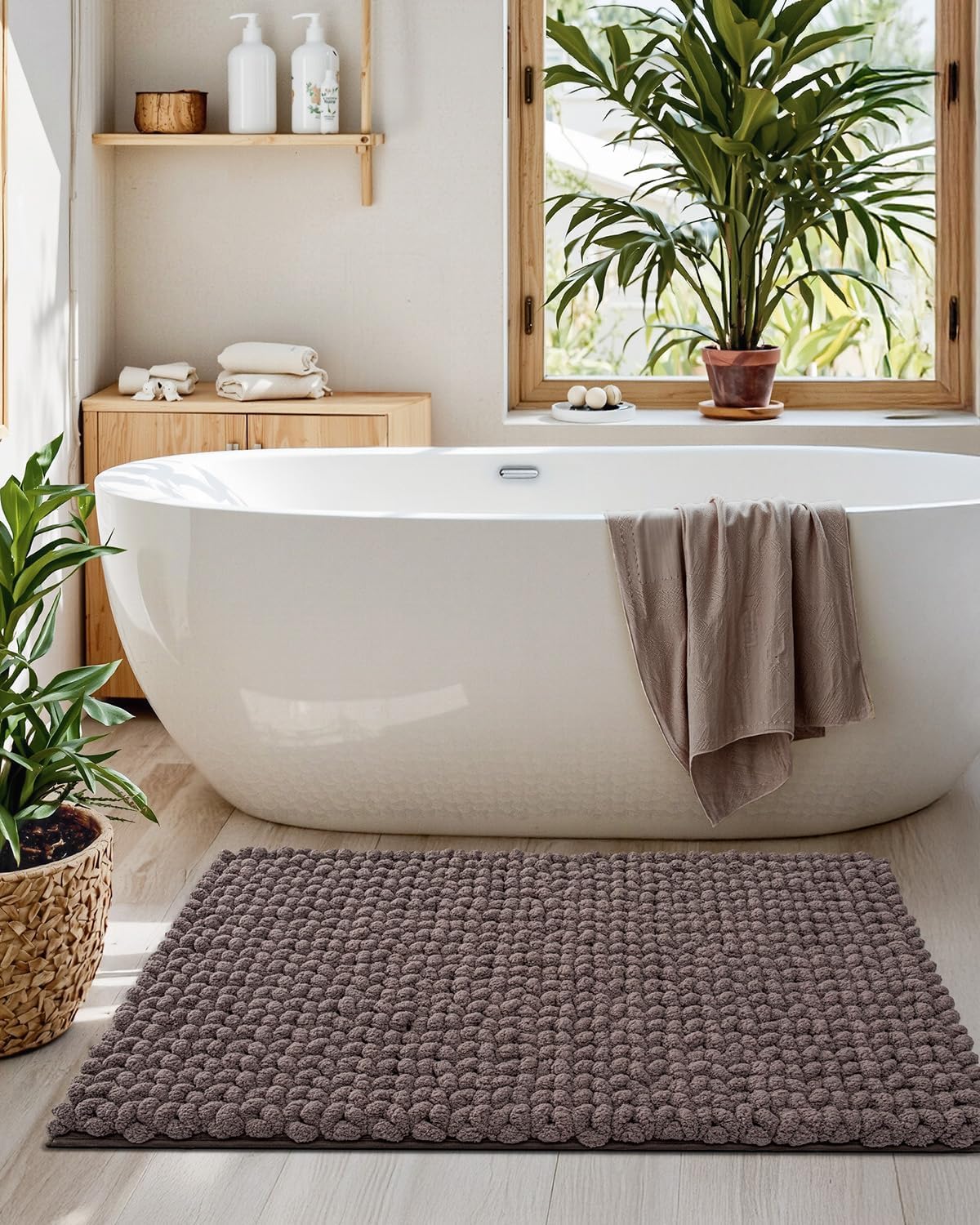 LUMI Luxury Bathroom Rug, Ultra Soft Quick Dry, Non-Slip Absorbent Thick Chenille, Cozy Braid Design, Brown, for Bathtub/Sink/Laundry/Bedroom